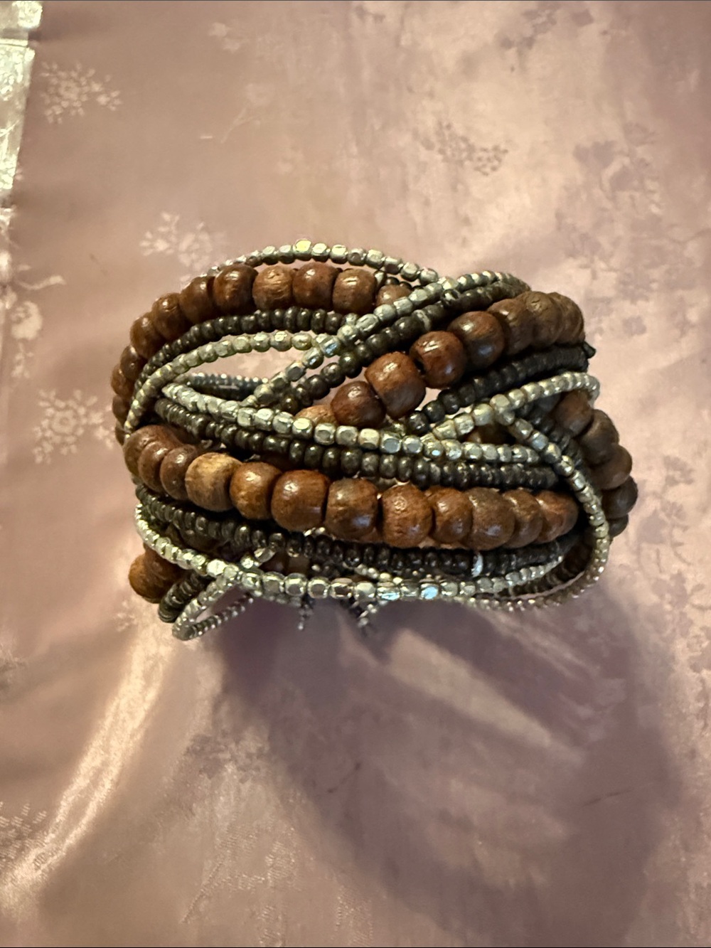 Multi-Strand Brown Wood and Silver Bead Bracelet - Women Jewelry
